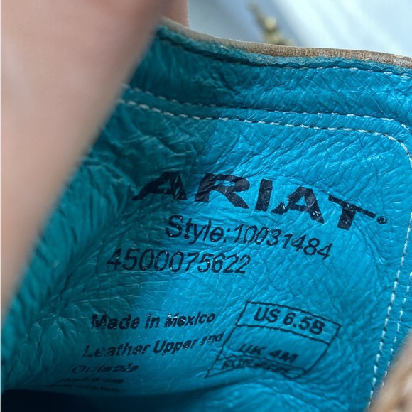 Ariat Brown Leather Ankle Booties with Teal Embroidery 6.5B 2.5” heel - Picture 3 of 8